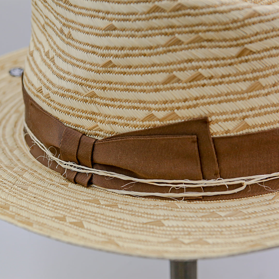 sharkfin straw hat, brown ribbon, twine wrap