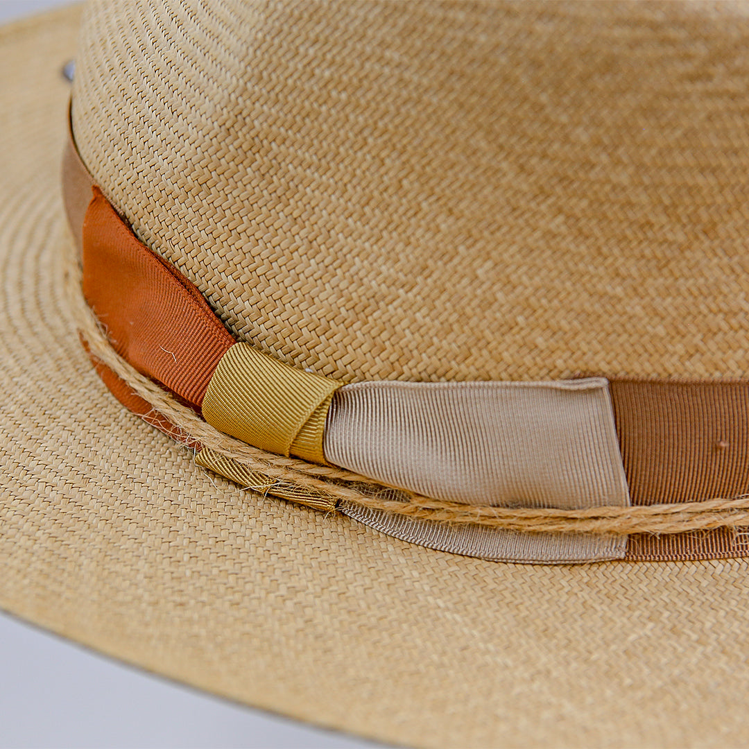 straw hat, tricolor bow, twine wrap