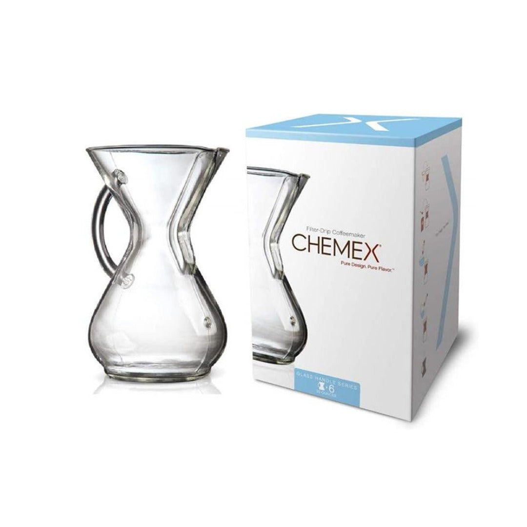 Chemex 6-Cup Coffee brewer, clear glass with handle.