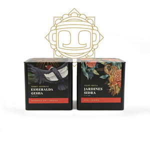 Reserve coffee tin packaging for Corvus Coffee Roasters, Norbey Quimbayo Esmeralda Gesha, and Felipe Arcila Jardines Del Eden Sidra