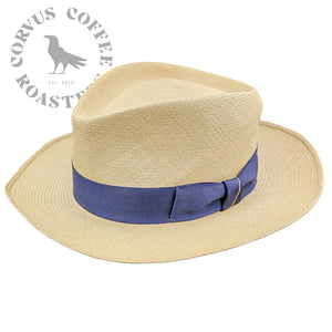 Straw hat, navy blue and gold ribbon, bow
