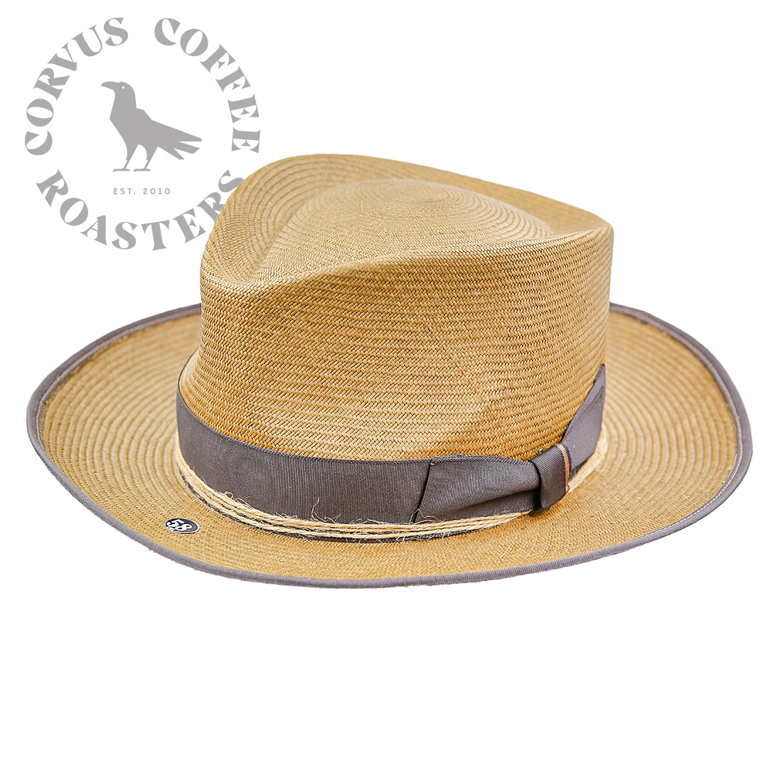 Darker straw hat, dark brown ribbon, with twine wrap