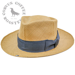 Darker straw hat, wide Deep blue ribbon