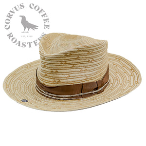 sharkfin straw hat, brown ribbon, twine wrap