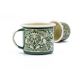 Specialty Coffee Roasters Camp Mug designed by Zaine Vaun depicting Plants, waves, and islands.