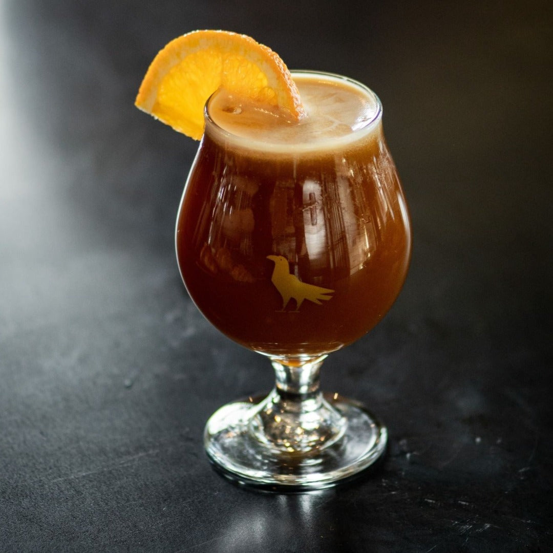 Shop Specialty Coffee Glassware tulip glass featuring images of hops and a crow in gold screenprint.