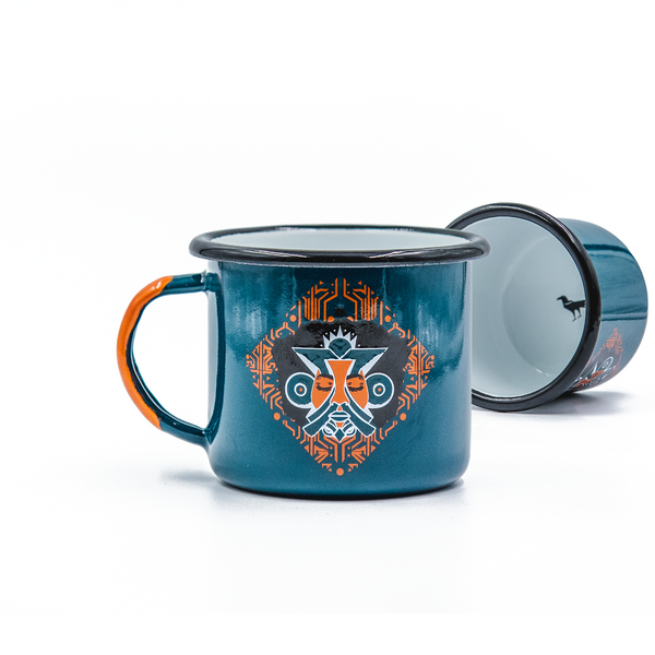 Specialty Coffee Roasters Camp Mug designed by WiseTwo depicting an indigenous african mask 