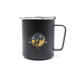 Specialty Coffee Roasters Camp Mug designed by Charlie Wagers depicting a crow in a night scene holding a lantern.