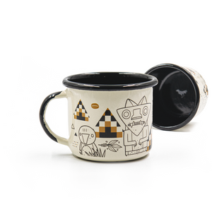 Specialty Coffee Roasters Camp Mug designed by Shannon Bonatakis depicting characters of indigenous South American origin.