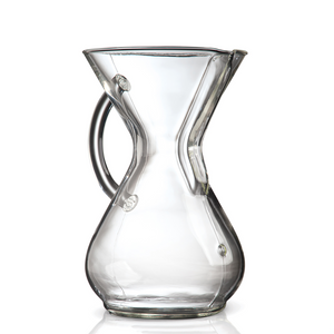 Chemex 6-Cup Coffee brewer, clear glass with handle.