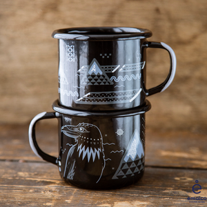 Specialty Coffee Roasters Camp Mug designed by Josh Holland depicting a crow stacked to show all sides.