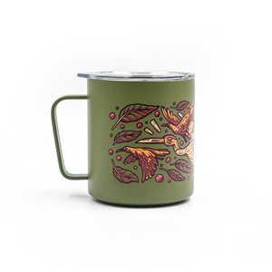 Green MiiR stainless steel camp mug with artwork depicting a crane and a raven.