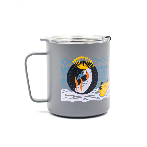 Specialty Coffee Roasters Camp Mug designed by Zaine Vaun depicting a crowned crane.