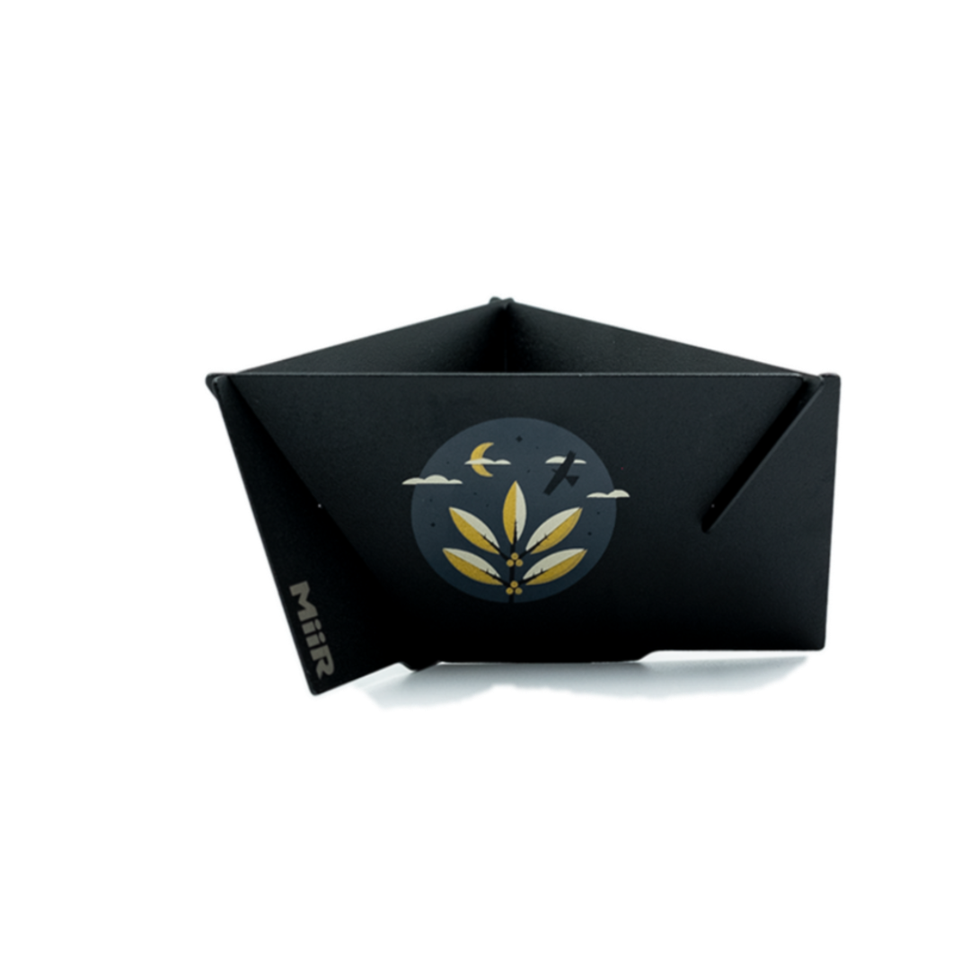 Custom printed MiiR Pourigami portable coffee brewer with Charlie Wagers artwork for Corvus Coffee Roasters.