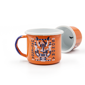 Specialty Coffee Roasters Camp Mug designed by Charlie Wagers depicting a central american indigenous mask.
