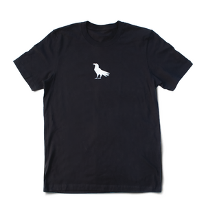 Black t-shirt with logo of a white crow .