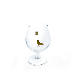 Shop Specialty Coffee Glassware tulip glass featuring images of hops and a crow in gold screenprint.