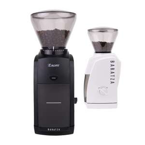 Two Baratza Encore coffee grinders with a black and white finishes.