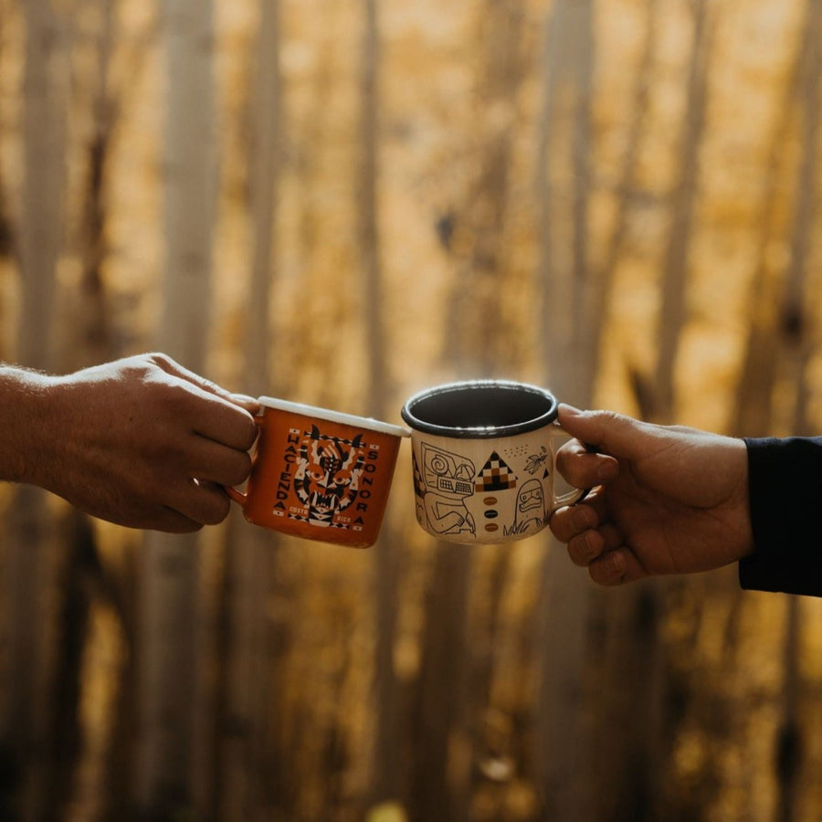 Specialty Coffee Roasters Camp Mug designed by Charlie Wagers depicting a central american indigenous mask.