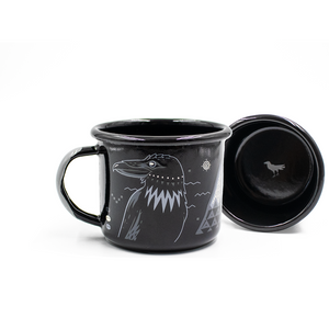 Specialty Coffee Roasters Camp Mug designed by Josh Holland depicting a crow.